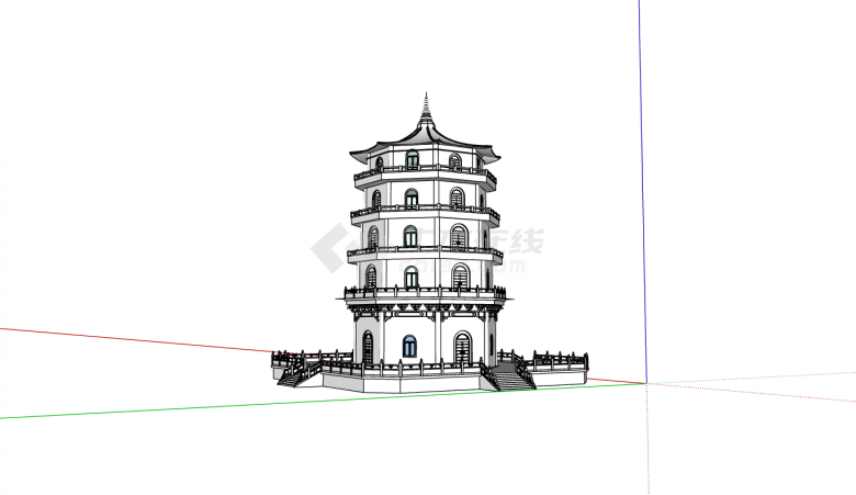 中国风方底五层围栏尖顶塔su模型-图一