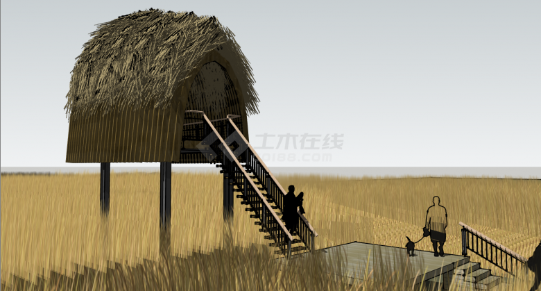 水稻田里的亭子和厅廊su模型-图二