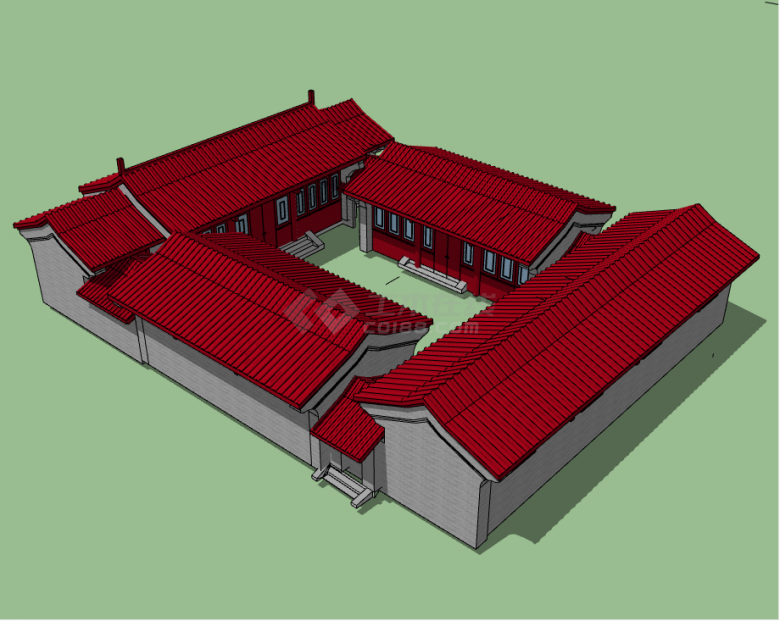 中式复古红色四合院住宅su模型-图二