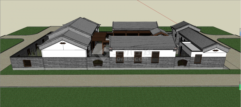 中式四合院二进院别墅su模型-图二
