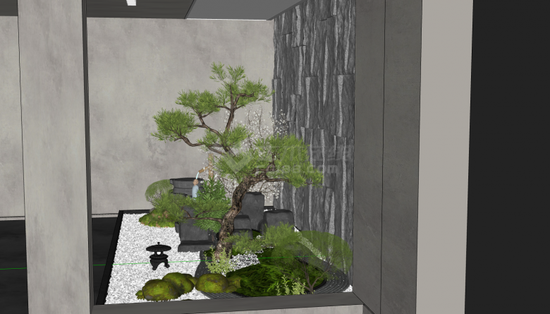 新中式庭院跌水松树景观su模型-图二