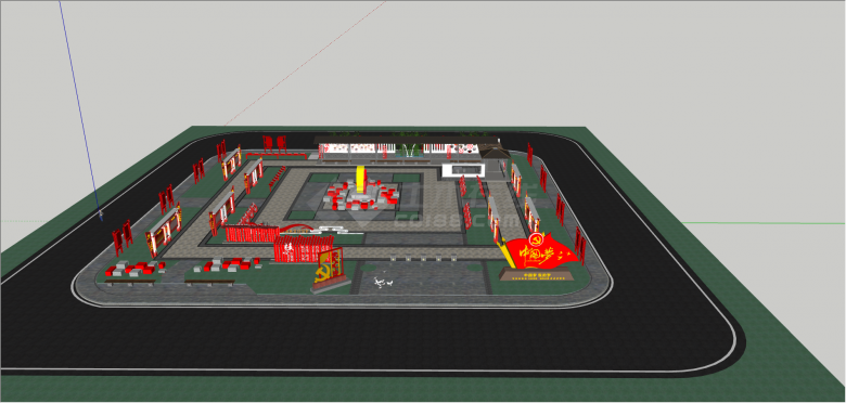 中式中国红特色党建公园su模型-图二