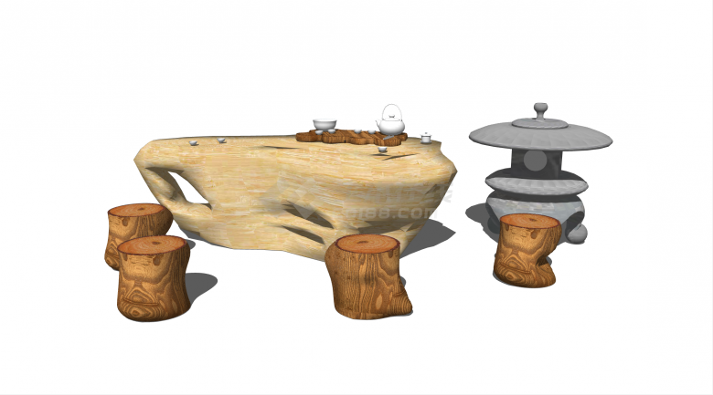 中式异形茶桌石桌石凳su模型-图二