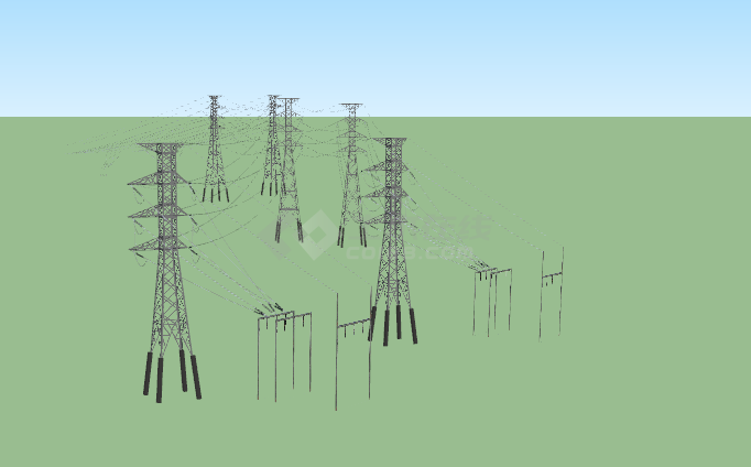 两排黑色整齐电力线铁塔su模型 -图二