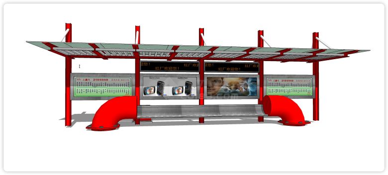 红色钢结构现代公交车站su模型-图二