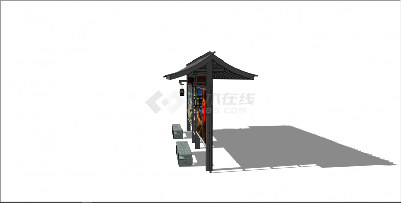 新中式地方性特色公交车站su模型-图一