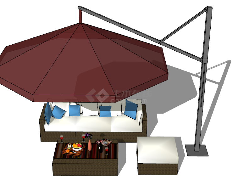 沙发形带遮阳伞户外桌椅su模型-图二