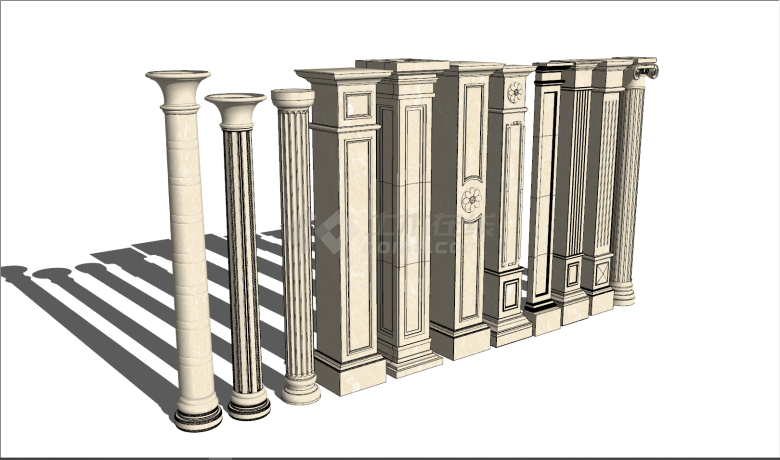 一排大理石材质各式各样罗马柱su模型-图一