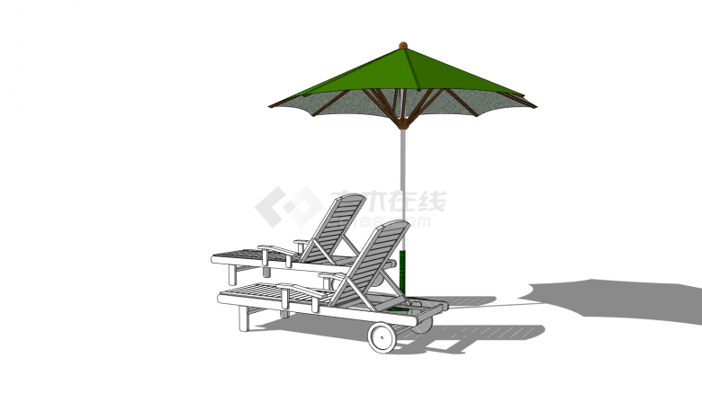 绿色遮阳伞带小圆轮的户外躺椅su模型-图二