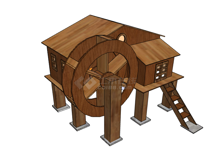木制褐色房子水车 su模型-图二