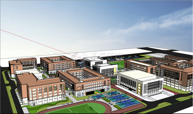 棕白色的教学楼和绿色操场的学校洪湖学校su模型-图二