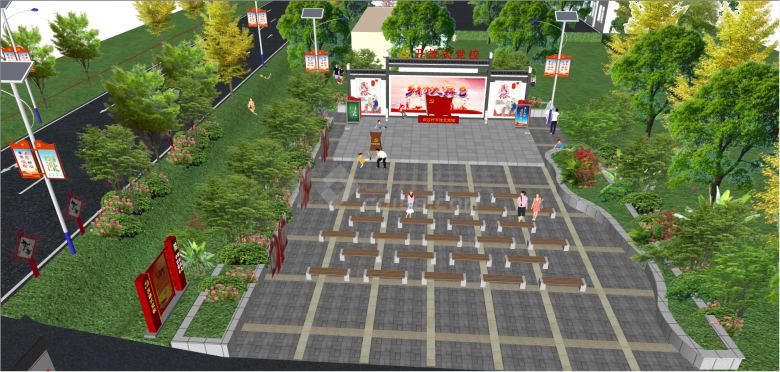 中式中国红文化广场su模型-图二