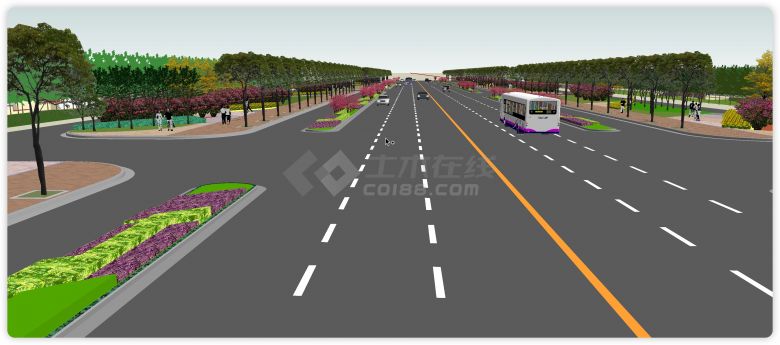 粉色树道路公路绿化带su模型-图二