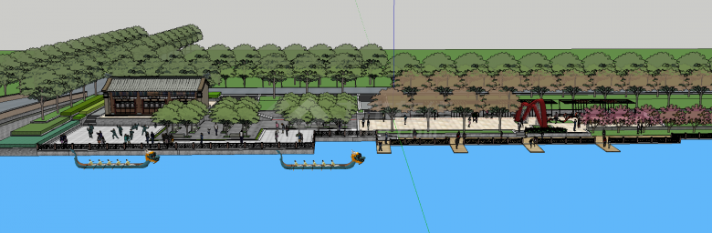 有龙舟的大型临水公园广场su模型-图一