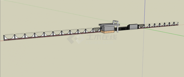 船帆型低矮铁栅栏带电动门岗亭围墙su模型-图二