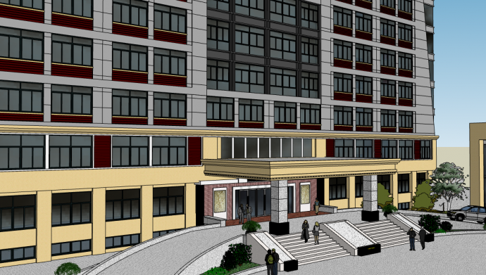 黑黄现代某厂办公楼外门厅设计企业厂房SU模型_图1
