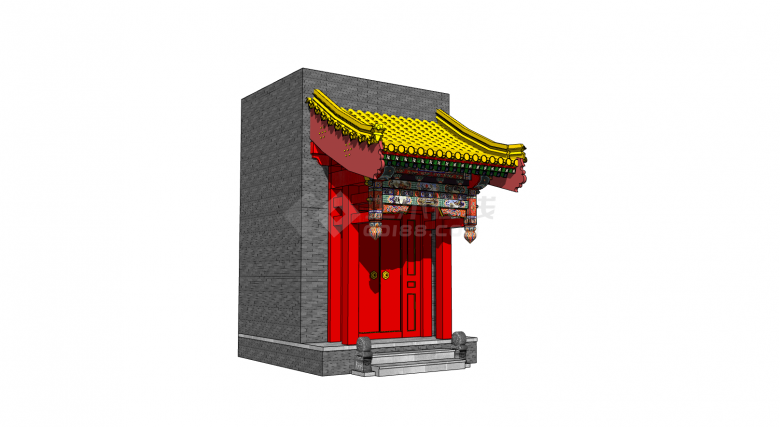 黄色琉璃瓦红色大门垂花门中式古建筑SU模型-图一