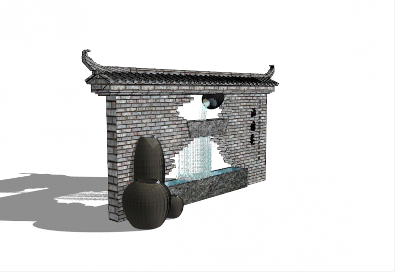中式喷泉景观农耕文化墙壁su模型-图二