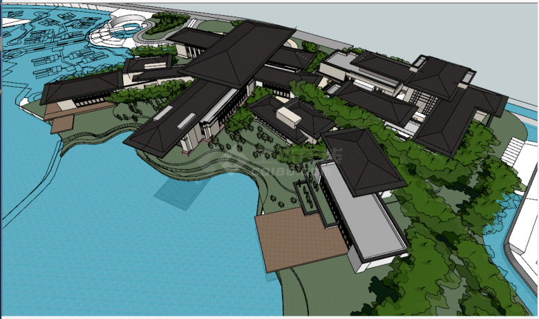 中式大型酒店项目围绕水池建筑su模型-图二