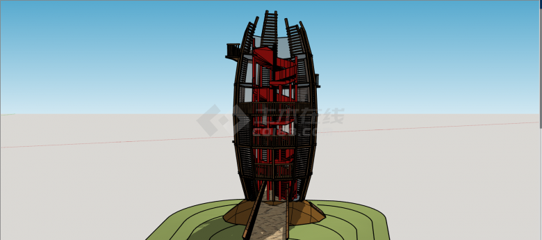 现代新中式实木搭建旋转木梯景观塔庭院SU模型-图一