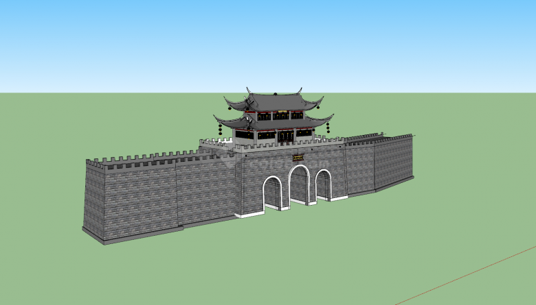 中式城墙建筑全景su模型-图一