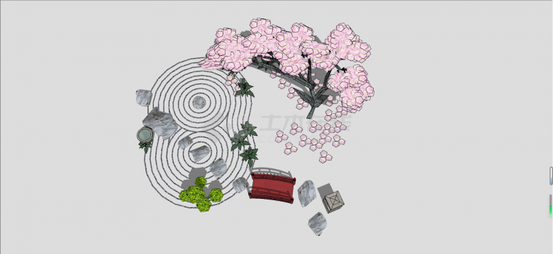 唯美樱花树红木桥石小道中式庭院小品SU模型-图二