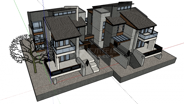 偏灰色系的新中式别墅双拼建筑经典设计住宅su模型-图一