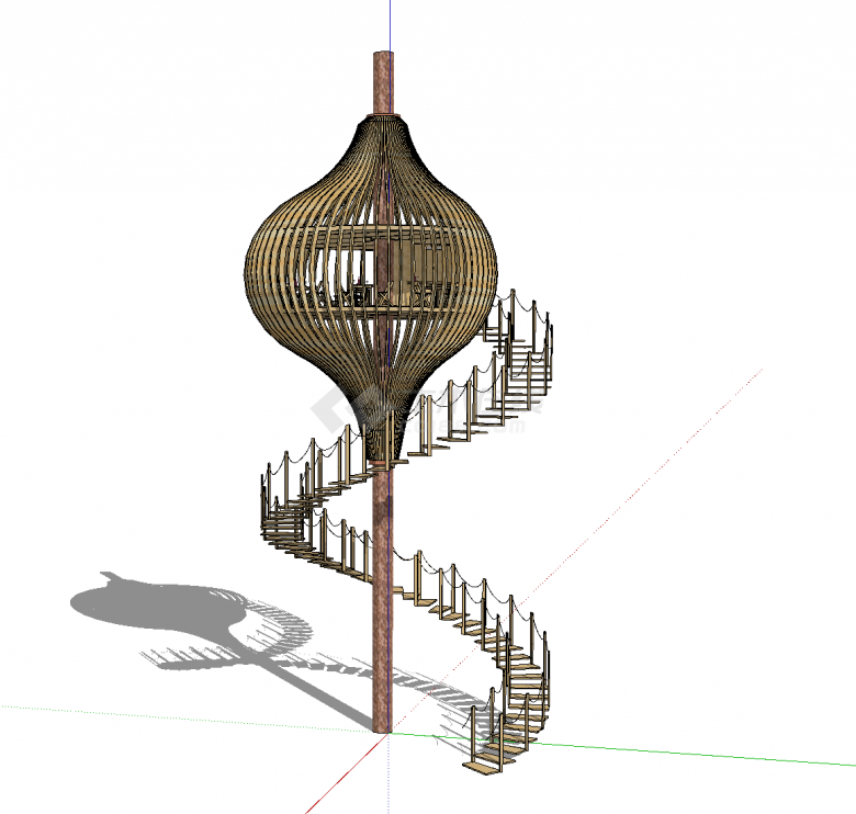 有旋转楼梯的树屋木质建筑su模型-图一
