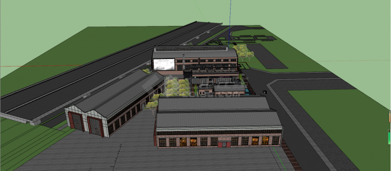 现代大型连排工厂景观三层办公建筑SU模型-图二