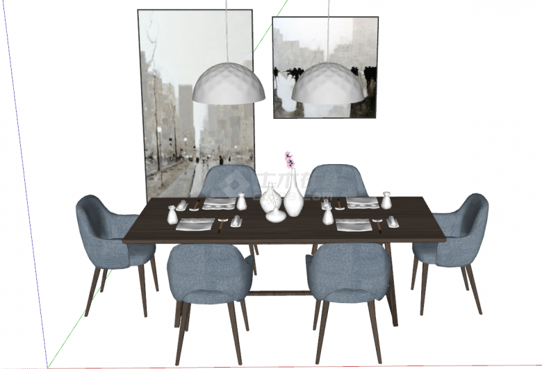 带有两个灰色大吊灯的简易蓝色椅子的餐厅空间 su模型-图二