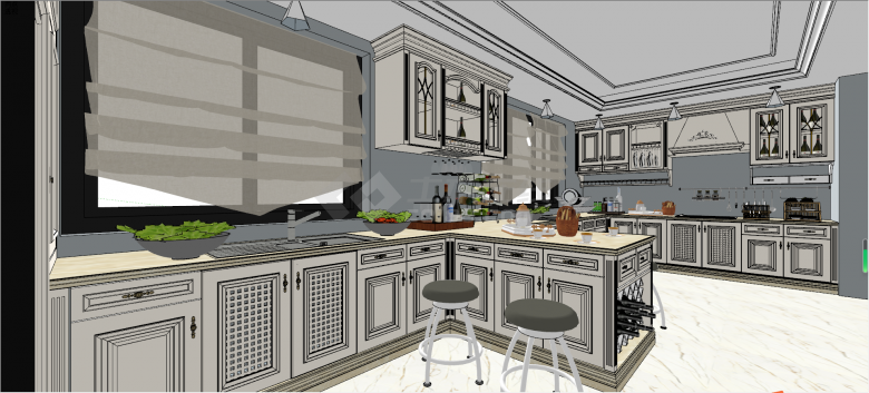 欧式超大开放式厨房su模型-图二