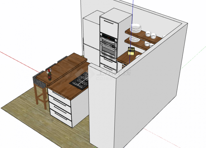 白黄色柜子现代厨房su模型-图一