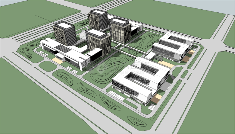 带有大广场和山丘草坪的高楼办公楼产业园su模型-图二