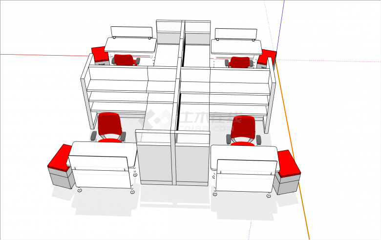 简约红色座椅和办公桌su模型-图二