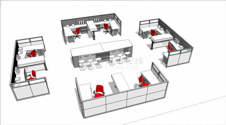 现代四周环式中间休息区办公桌su模型-图二