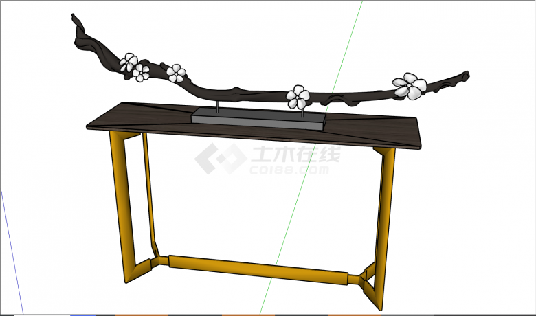 棕色木制表面跟黄色的合金的桌腿组成的简约饰品柜su模型-图一