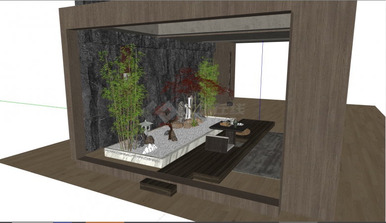 带有绿色的竹子的的深色背景墙的室内造景 su模型-图二