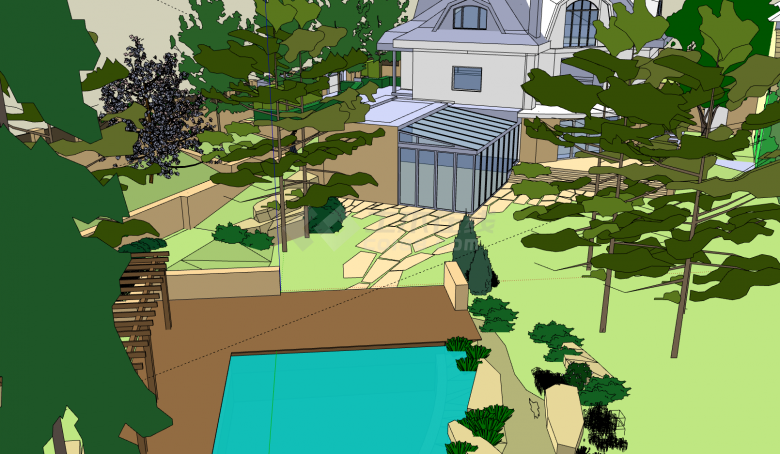 现代庭院池塘玻璃房别墅su模型-图二
