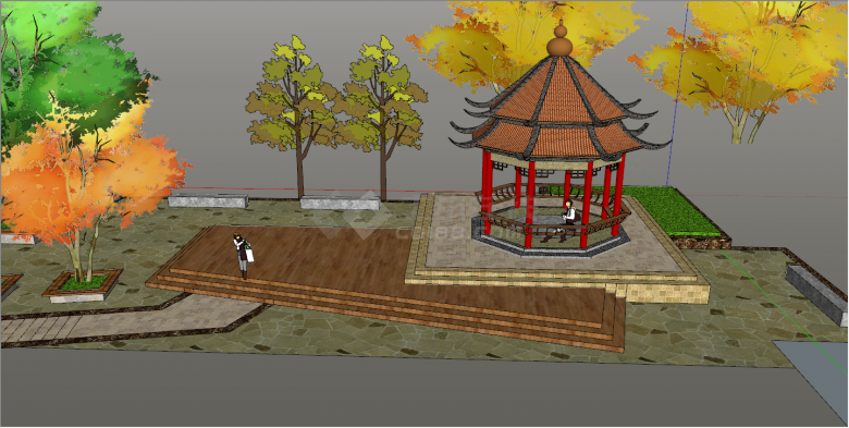 中式经典凉亭带景观参考庭院su模型-图二