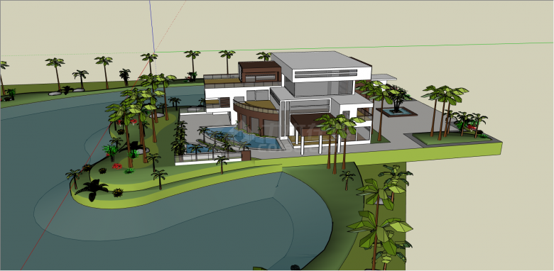 现代湖边白色多层别墅su模型-图一