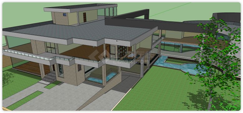 大泳池现代风格别墅庭院su模型-图二
