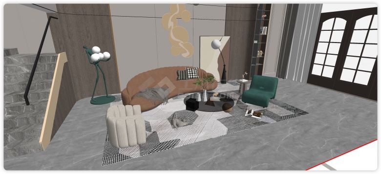 圆形沙发奢华别墅室内su模型-图二
