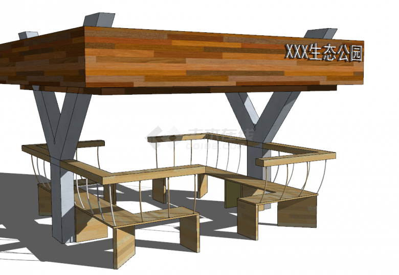 Y字型支撑的实木大吊顶的现代亭su模型-图二
