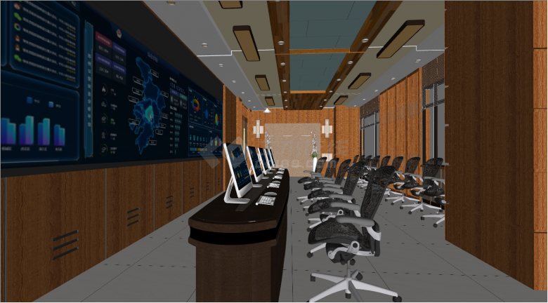 带有多个座椅和电脑的大屏幕监控室su模型-图二