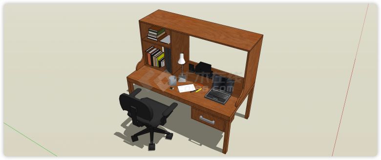 实木电脑桌办公桌书架一体柜子su模型-图一