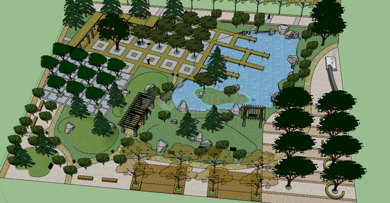 带水池设计园林广场公园su模型-图二