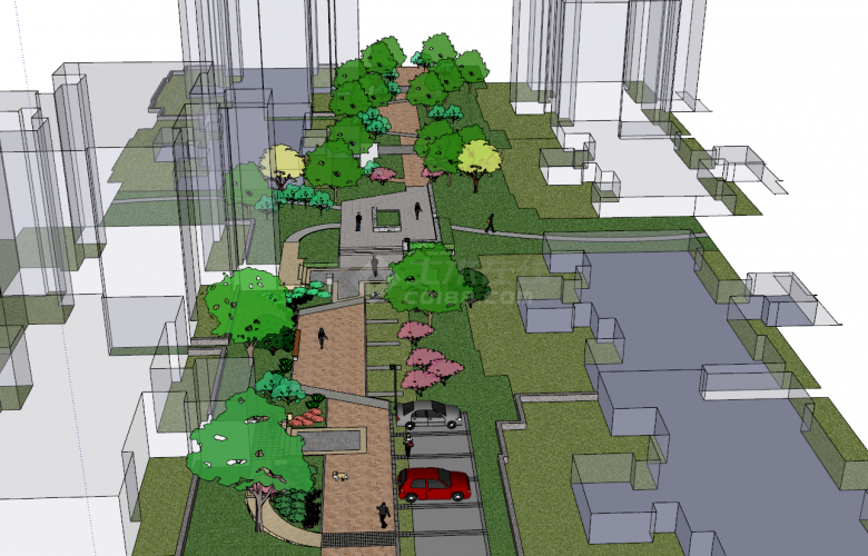 现代小区带绿植中心广场su模型-图二