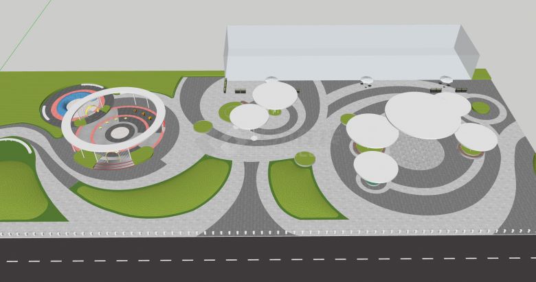 白色巨型圆盘遮阳篷小型喷泉休闲公园su模型-图一