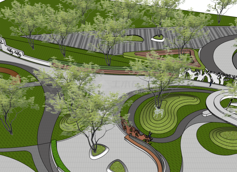 街头绿地口袋公园曲线线性市政公园景观su模型-图一