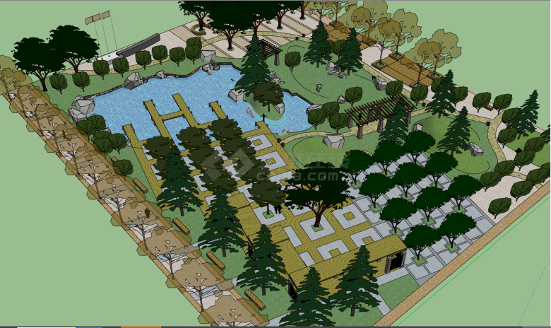 带有茂密的大树的人工湖的公园景观建筑su模型-图二